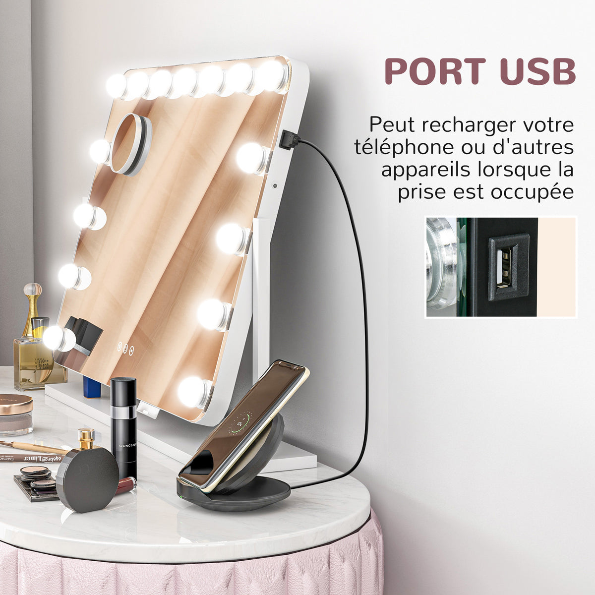 Miroir maquillage lumineux LED intensité réglable miroir grossissant port de charge USB, rotation à 360° 63 x 50 cm-3