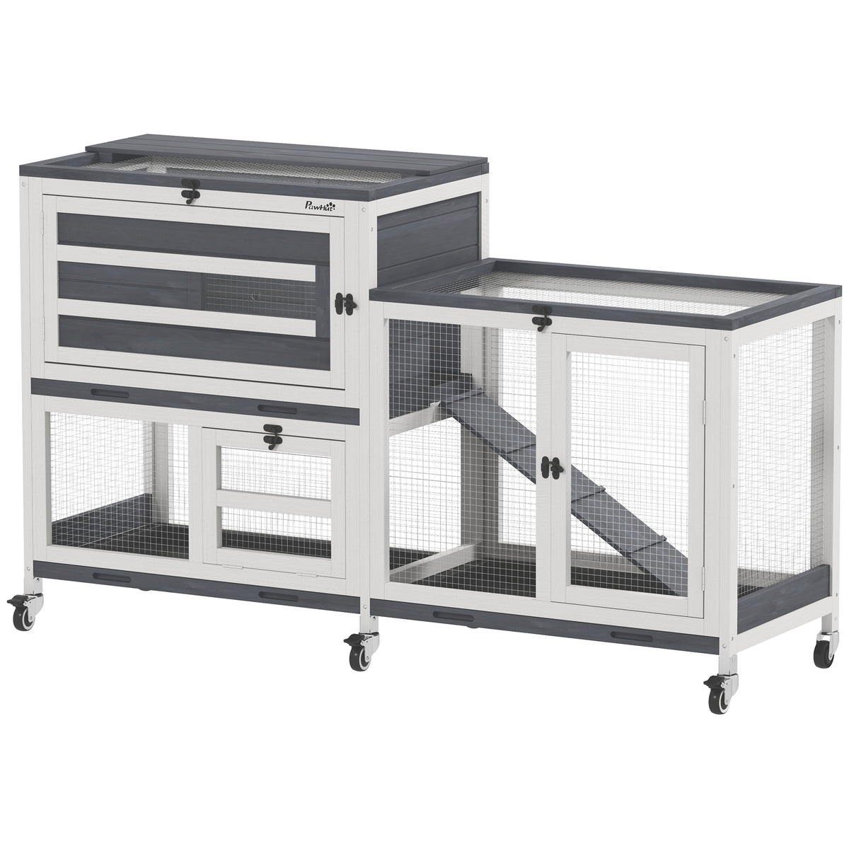 Clapier pour lapin en bois 2 étages avec roulettes, 3 plateaux, pour 2-3 lapins, 147 x 45 x 89,5 cm, gris-0