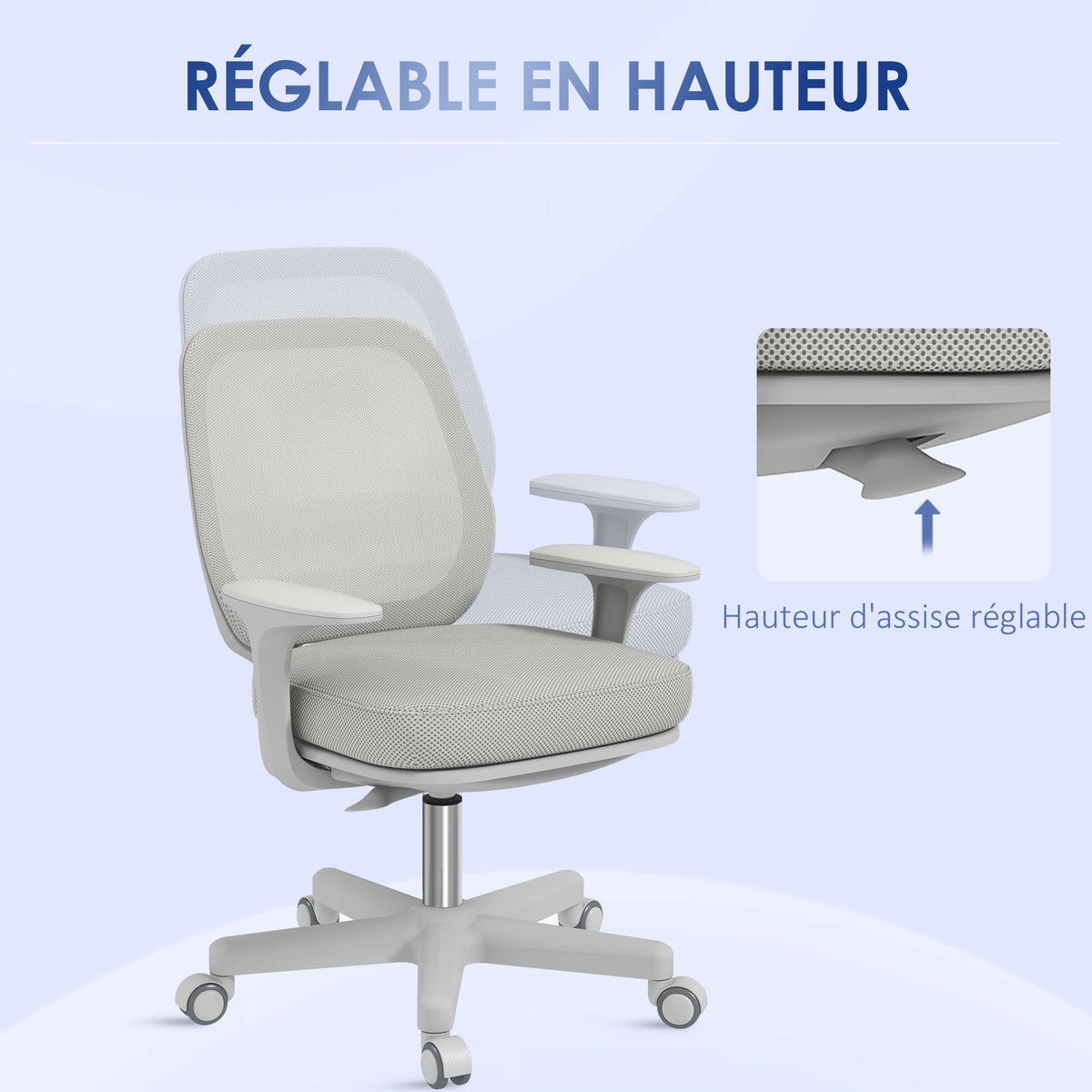 Chaise de bureau tissu mesh hauteur réglable pivotante 360° accoudoirs sur roulettes, gris-4