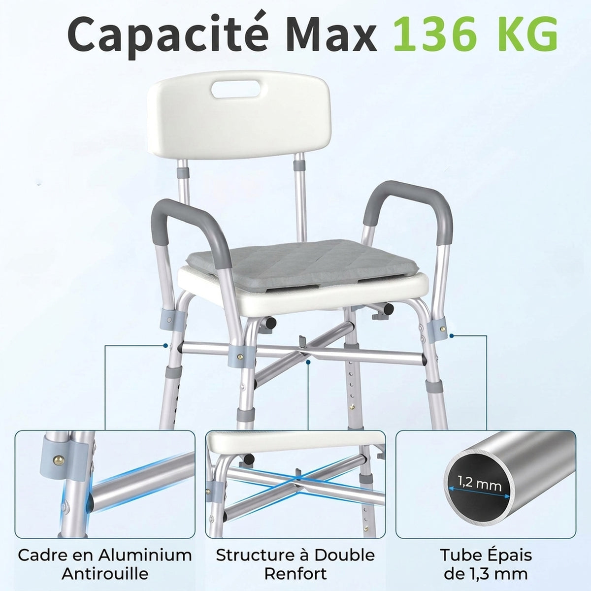 Tabouret de Douche Réglable en Hauteur à 5 Niveaux, Chaise de Douche, Accoudoirs Rembourrés et Coussin Amovible, Gris-3