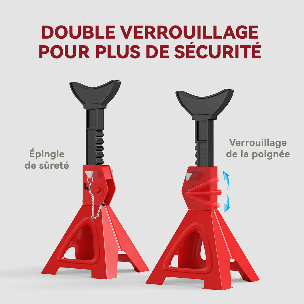 Lot de 2 chandelles voiture chandelles de levage capacité 3 tonnes hauteur réglable 290-418mm goupille de sécurité rouge-4
