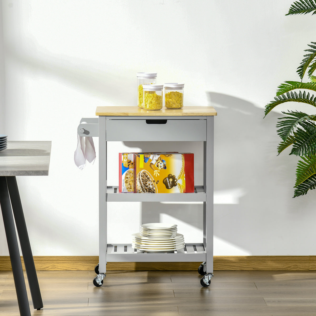 Desserte de service chariot de cuisine à roulettes avec plan de travail en bois hévéa - 2 étagères, 1 tiroir et-9
