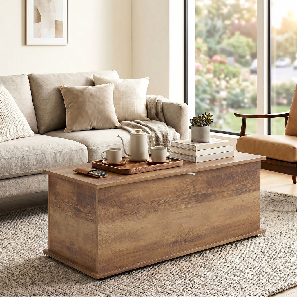 Coffre de rangement, banc de rangement avec couvercle rabattable et charnières de sécurité, 100 x 40 x 40 cm, marron-7