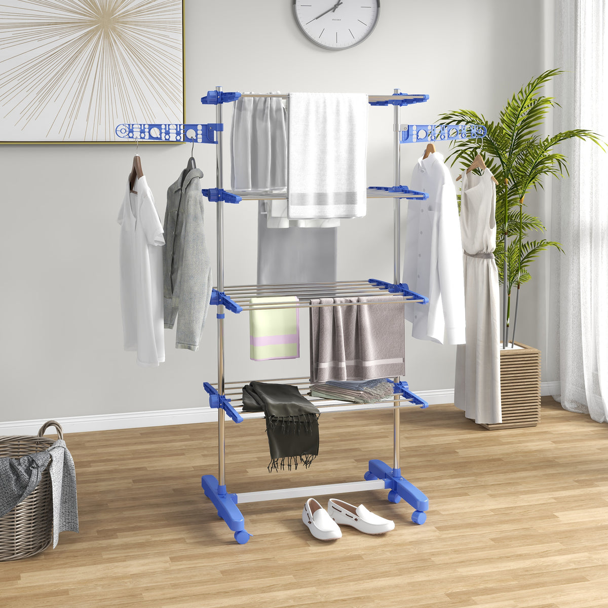 Séchoir à Linge étendoir pliable ailes latérales utilisation intérieure et extérieure 142 x 55 x 172 cm 4 niveaux bleu-1