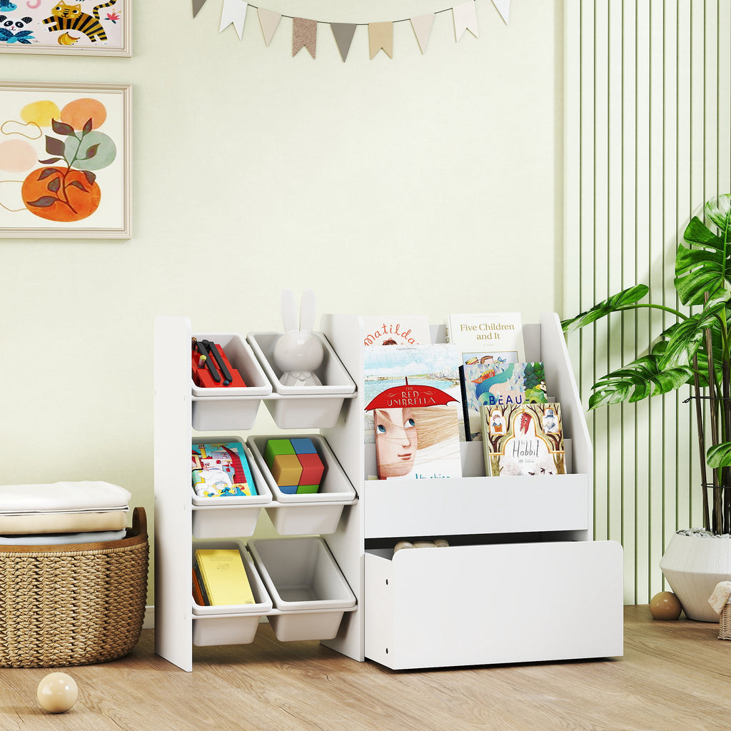 Meuble rangement enfant rangement jouet enfant 6 bacs amovibles et grand coffre à roulettes 100 x 30 x 80 cm blanc-9