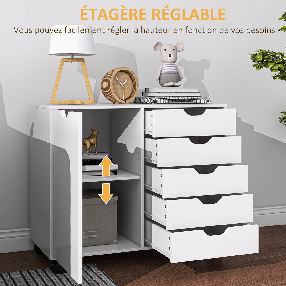 Meuble de rangement pour bureau 5 tiroirs 1 porte étagère réglable, support imprimante roulettes, 78x40x66,5 cm, blanc-4