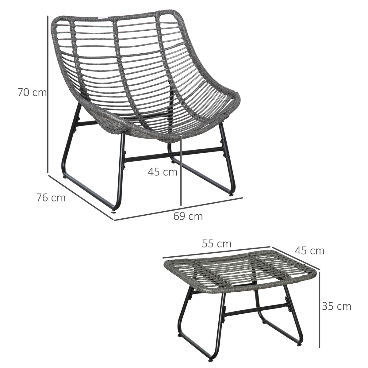 Fauteuil chaise de jardin avec repose-pieds en métal époxy et résine tressée aspect rotin avec coussins-2