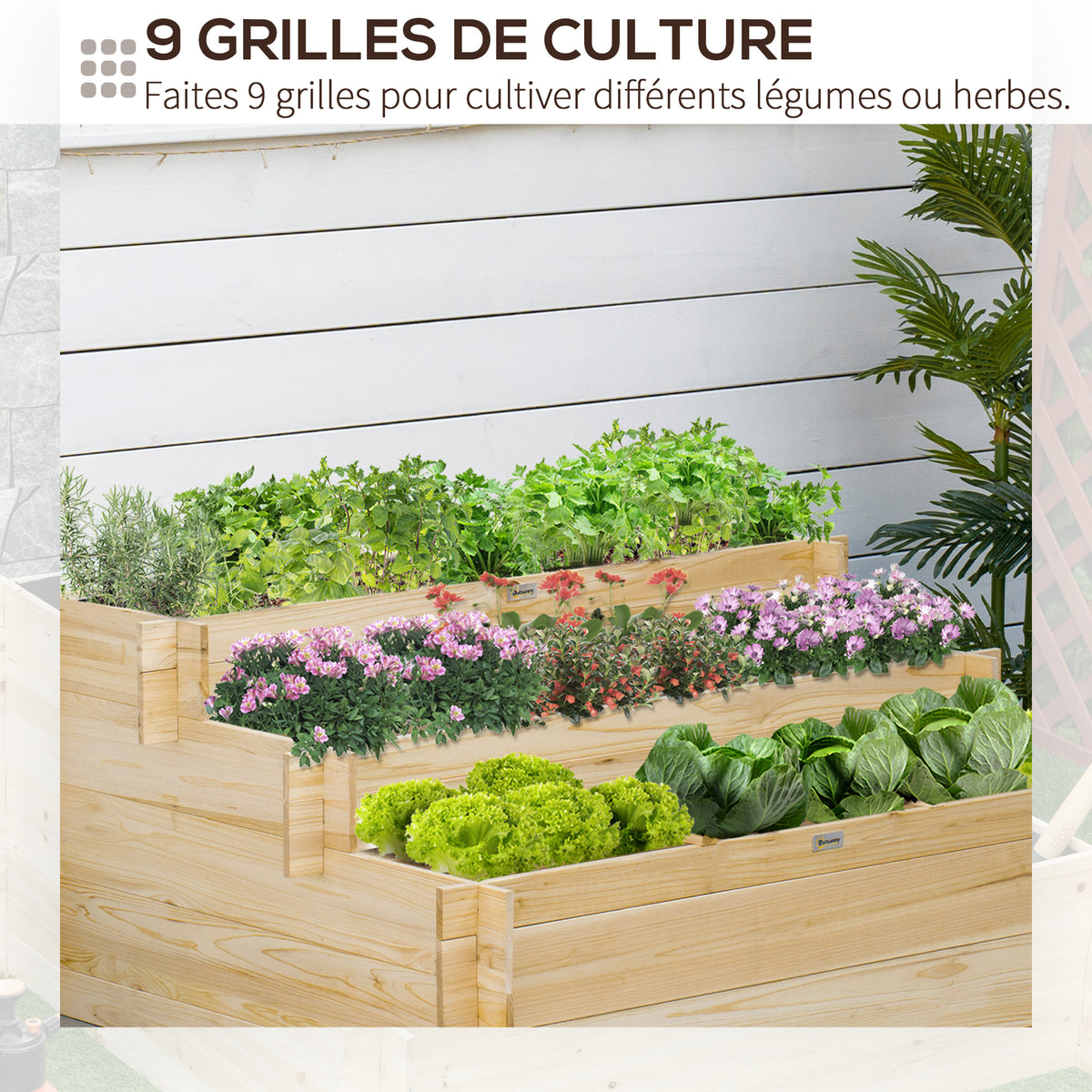 Jardinière sur pieds à 3 niveaux carré potager de jardin avec 9 compartiments en bois de sapin et tissu non tissé-5