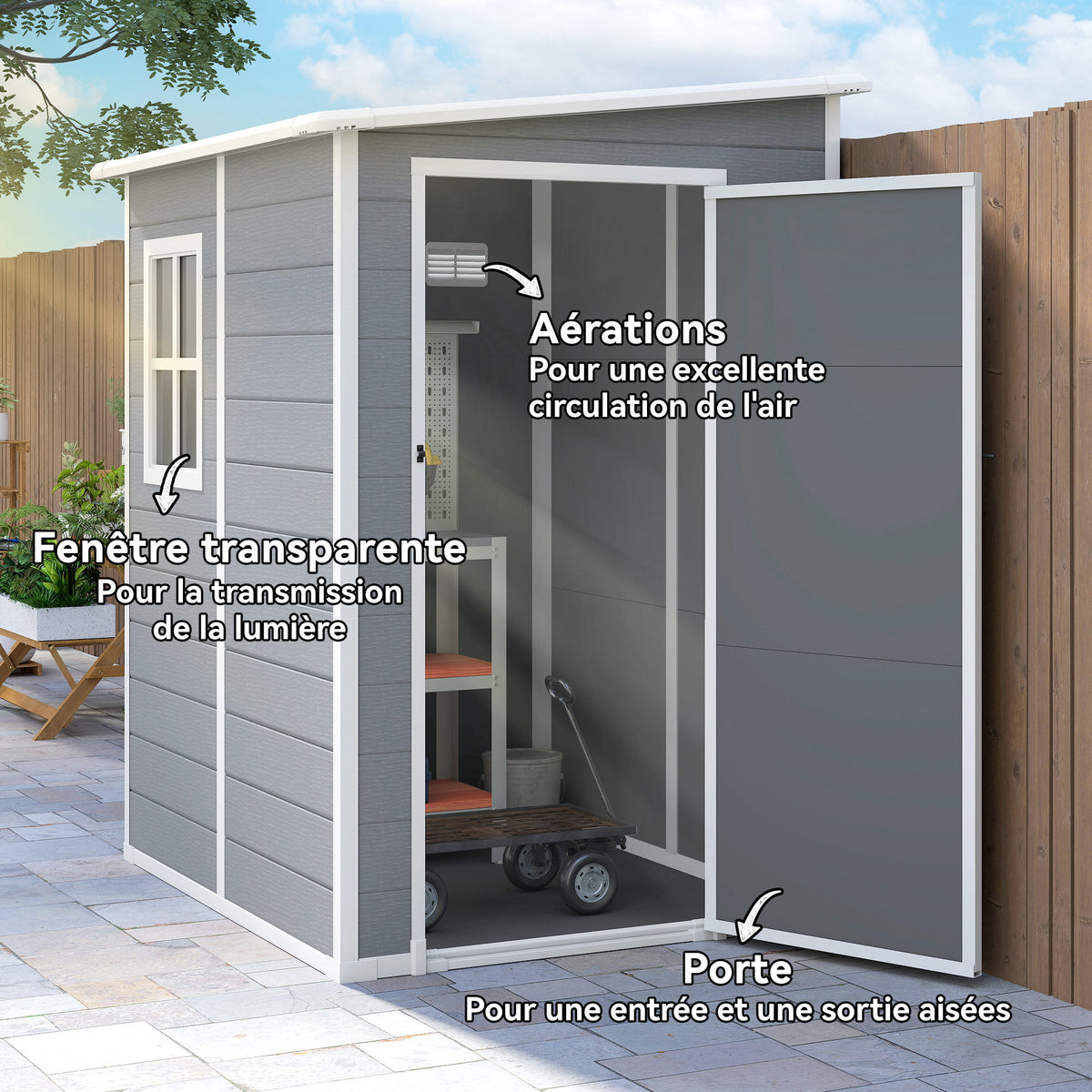 Abri de jardin 1,54 m² pour outils porte verrouillable, aération et fenêtre dim. 122L x 149l x 192/177H cm, gris-4