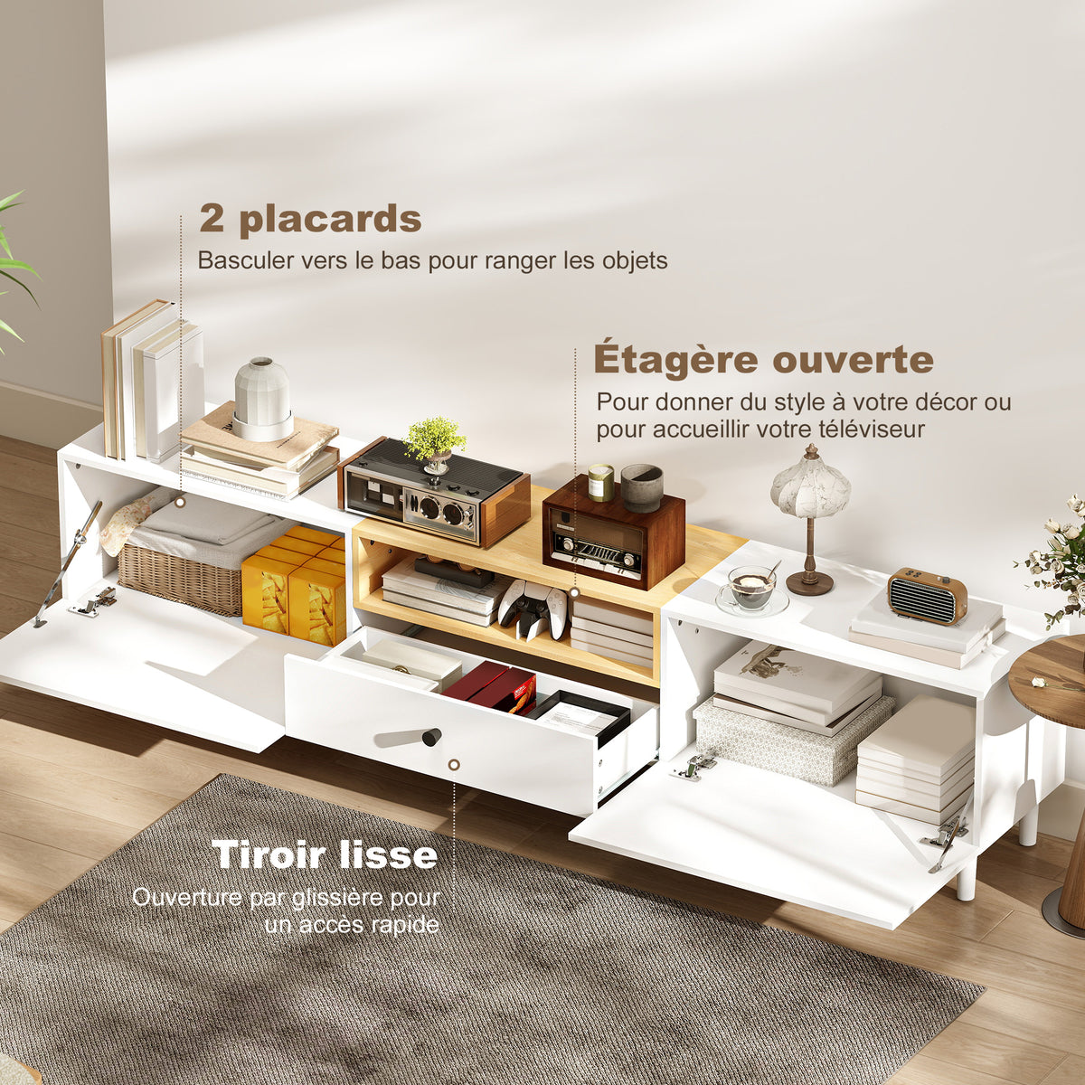 Meuble TV, meuble télé pour téléviseur jusqu'à 90 pouces avec 2 portes rabattables, tiroir, 200 x 35 x 45 cm, blanc-3