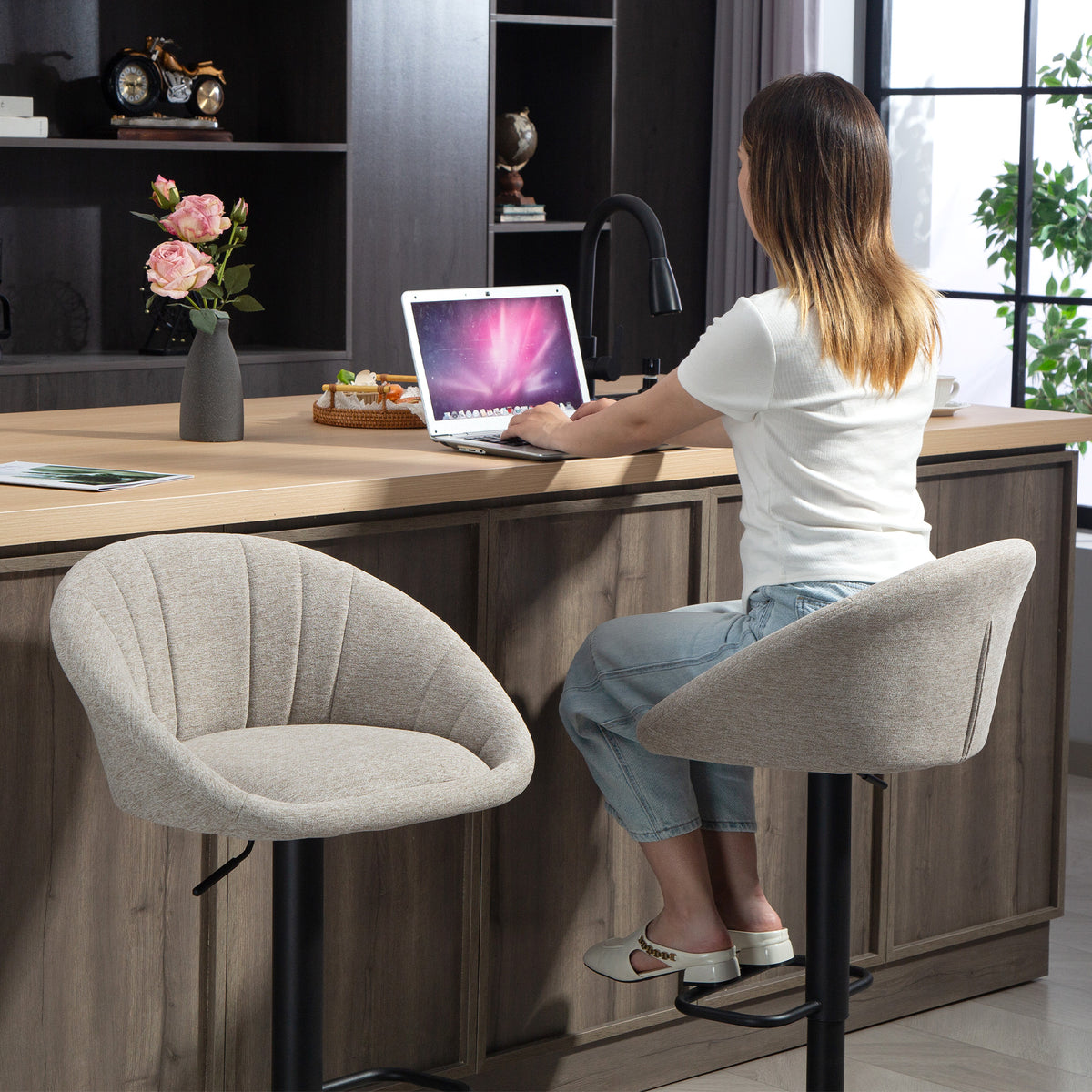 Lot de 2 tabourets de bar, chaises de bar hauteur réglable avec dossier et accoudoirs, repose-pieds, beige-8