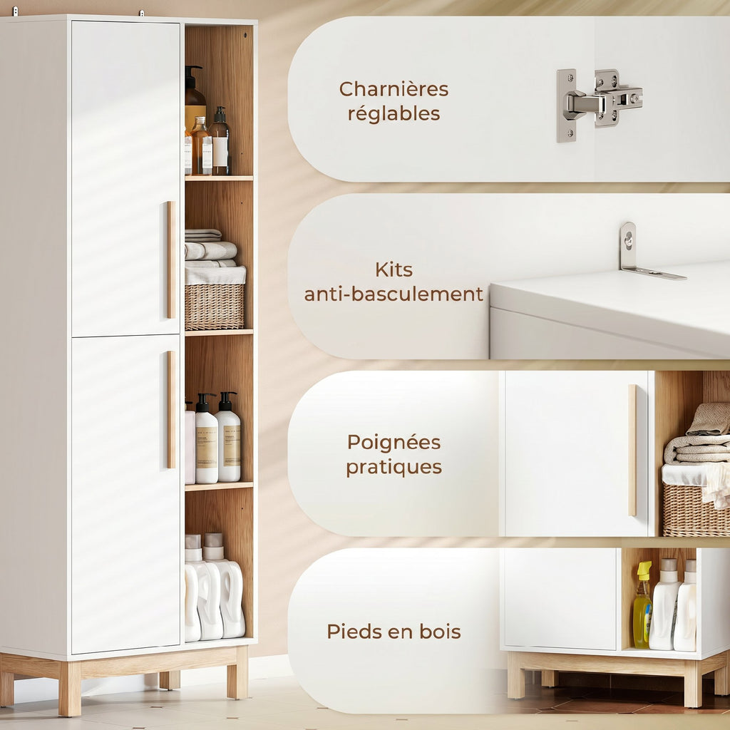 Meuble de Salle de Bain, Meuble de Rangement, 2 Portes, 4 Compartiments Ouverts et Étagères Réglables, Blanc et Naturel-6