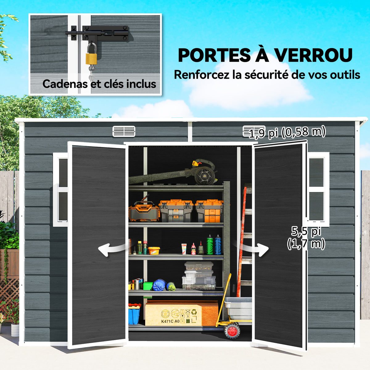 Abri de jardin en plastique, avec plancher, 303 x 123 x 197 cm, effet bois gris-5