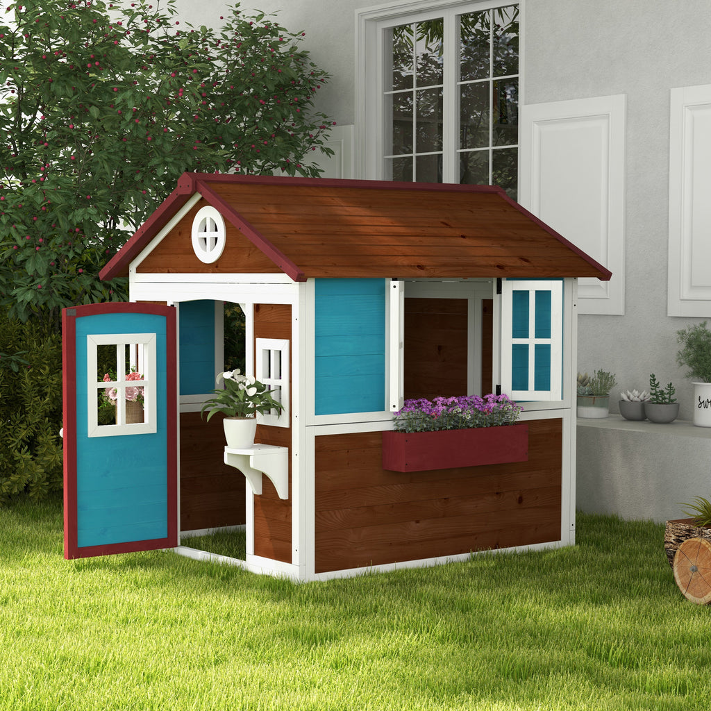 Cabane enfant extérieur maison enfant extérieure avec porte fenêtres et jardinières 114 x 126,4 x 135 cm Marron-9
