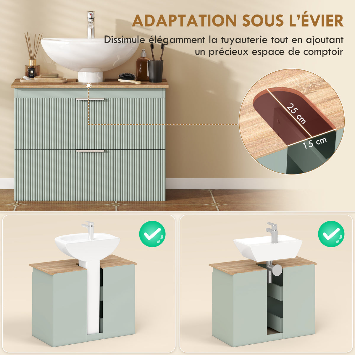Meuble sous lavabo, meuble de salle de bain avec 2 tiroirs, style moderne, 80 x 40 x 60 cm, vert et bois naturel-4
