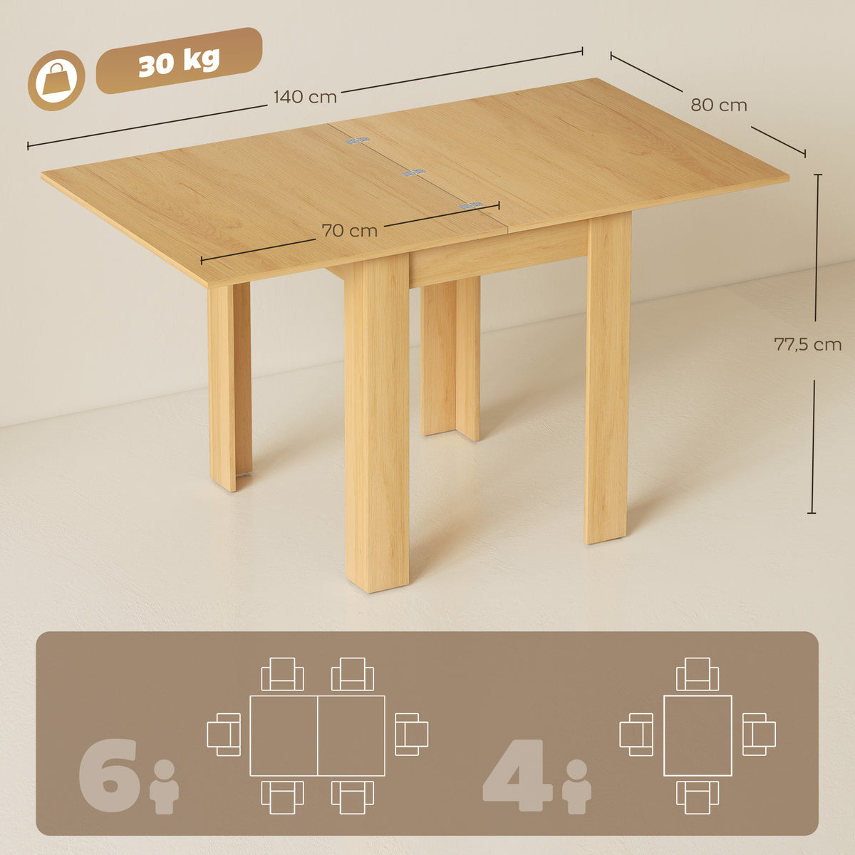 Table à manger extensible rectangle pour 4 à 6 personnes, table de cuisine 70-140 cm, patins en feutre, bois naturel-2