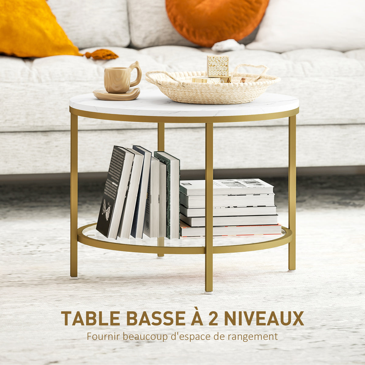 Table basse salon ronde moderne à 2 niveaux plateau effet marbre et étagère en verre trempé, Ø 60 x 45 cm, blanc et doré-3