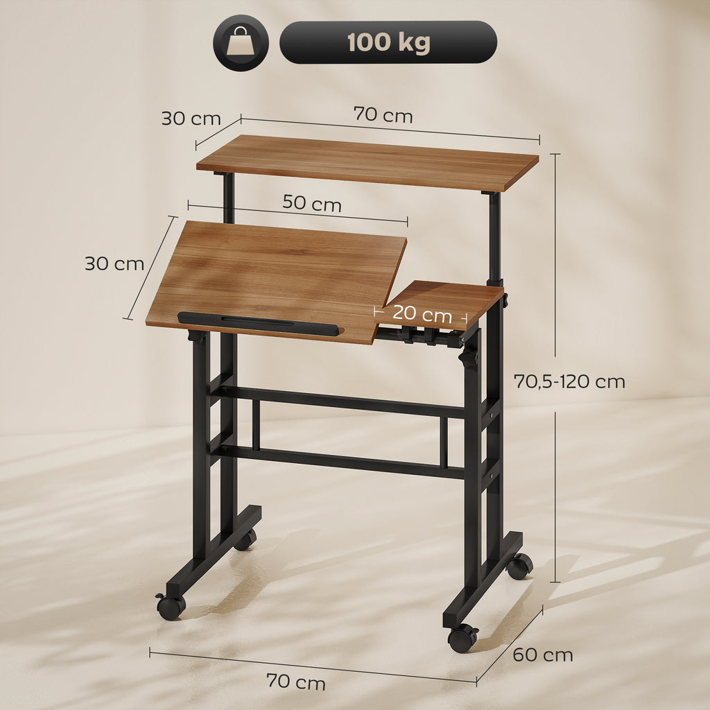 Bureau assis debout bureau réglable en hauteur 70 x 60 cm à roulettes avec plateau inclinable cadre en métal marron-2
