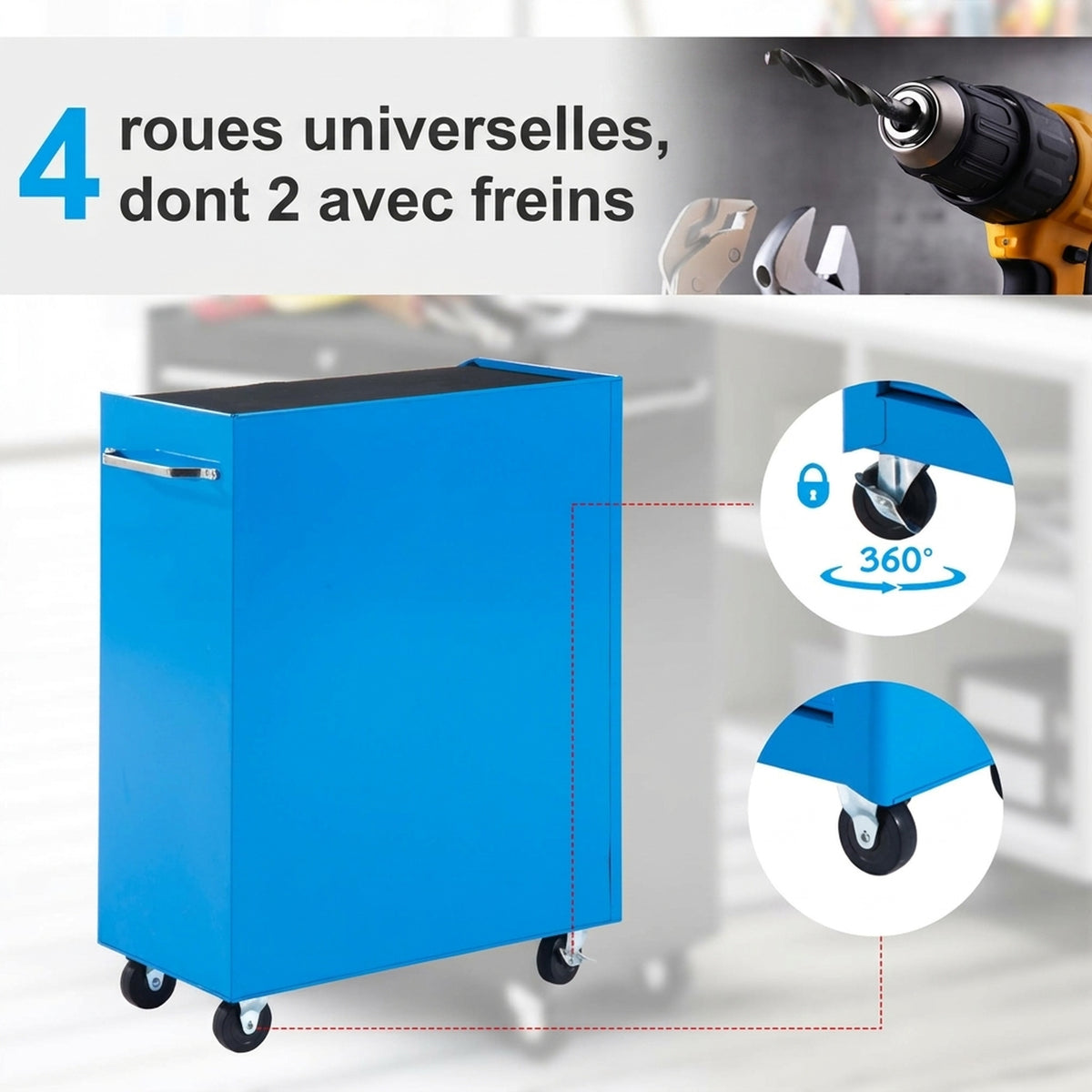 Chariot à outils sur roulettes, Servante d'atelier en acier 5 tiroirs verrouillable 2 clés, 61,5 x 33 x 82,5 cm, bleu-4