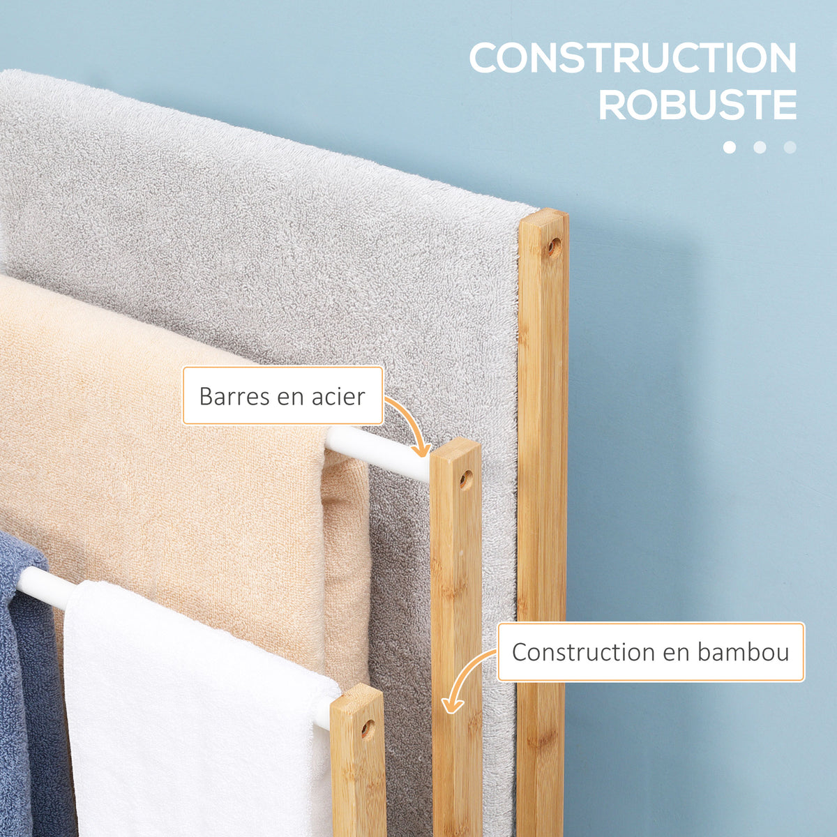Porte-serviettes en bambou sur pieds avec 3 barres support pour serviette étagère de salle de bain - 48 x 25,8 x 94 cm-4