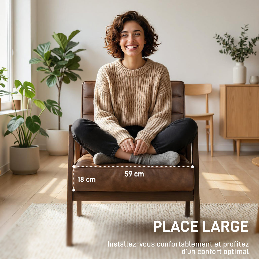 Fauteuil salon, fauteuil d'appoint rembourré en PU avec large assise, coussin épais et structure en bois massif, marron-3