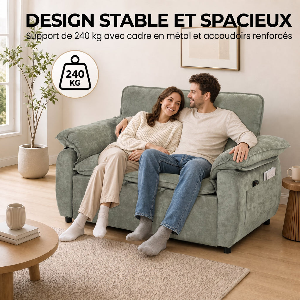 Canapé Convertible 2 Places, Canapé-Lit 3 en 1 Velours 137 cm, Dossier Réglable, Assise Large, 2 Oreillers, Vert-5