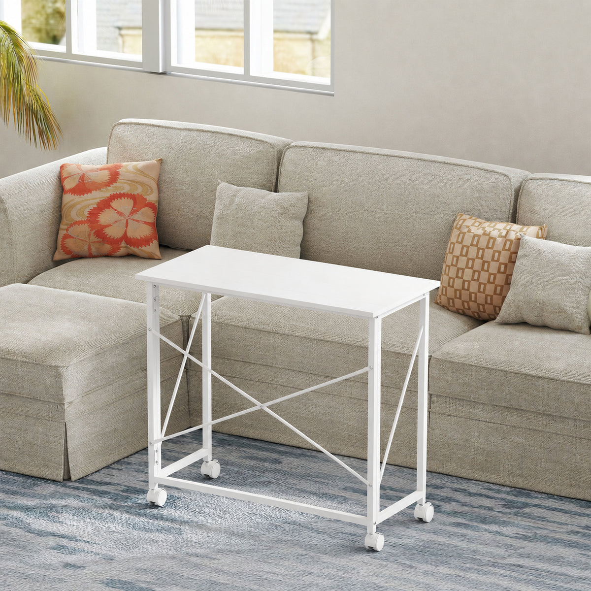 Bureau pliant table d'ordinateur 80 x 40 cm sur roulettes pour bureau à domicile, chambre, petits espaces, blanc-1
