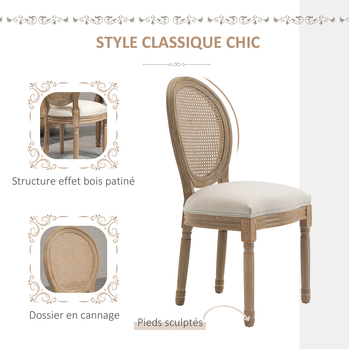 Lot de 4 chaises de Salle à Manger - Chaise de Salon médaillon Style Louis XVI - Bois Massif sculpté, patiné-3