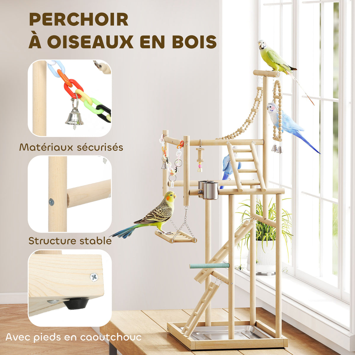 Aire de jeux pour oiseaux, terrain de jeu pour perroquet, échelles, jouet à chaîne, plateau, 48x38x95cm, bois naturel-3