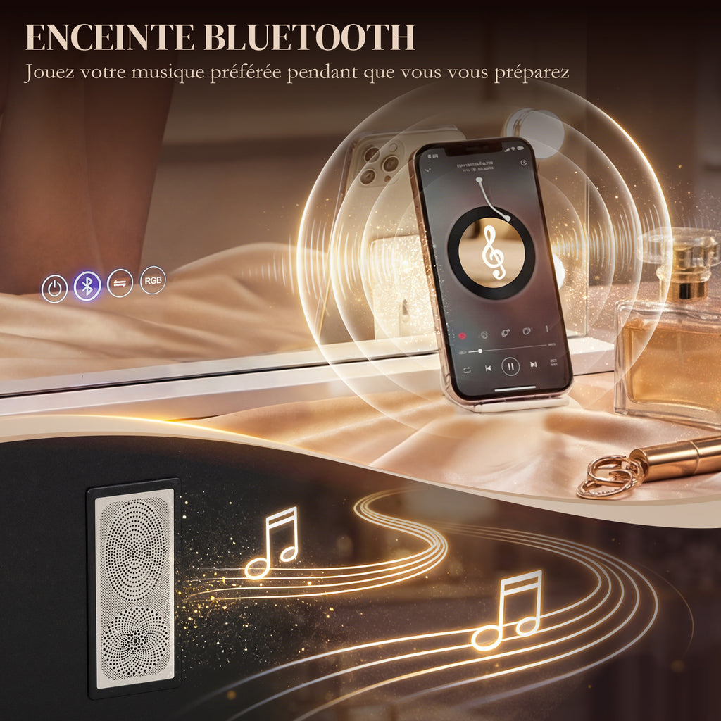 Miroir maquillage Hollywood 18 ampoules LED, 3 couleurs d'éclairage, lumière RGB, haut-parleur Bluetooth, blanc-6