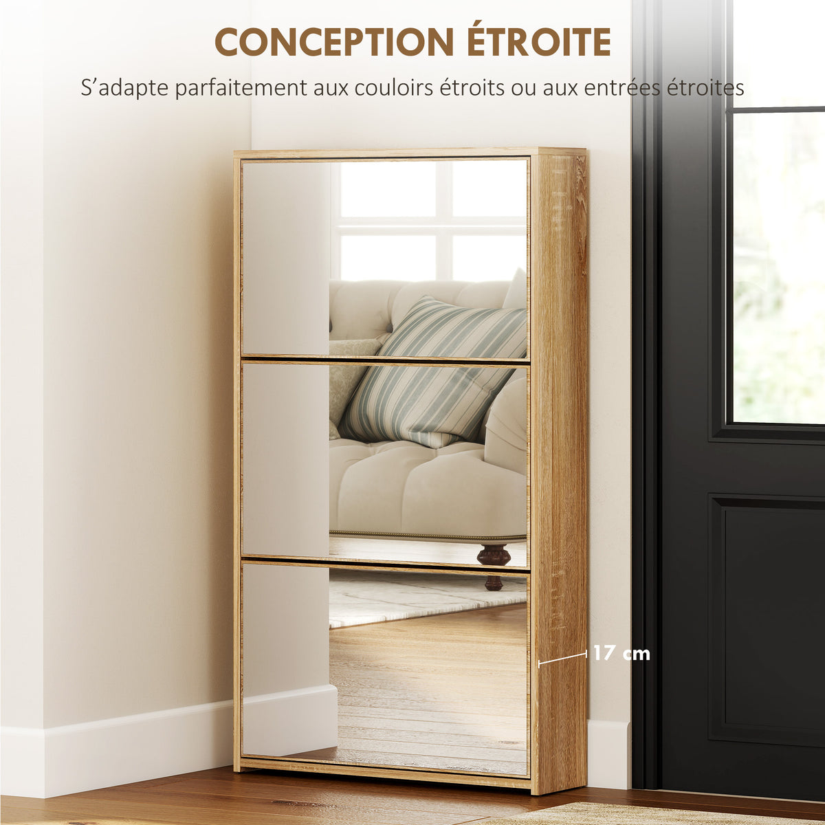 Meuble à chaussures 9 paires, armoire à chaussures étroite, 3 tiroirs rabattables portes miroirs, 65x17x114,5cm naturel-5