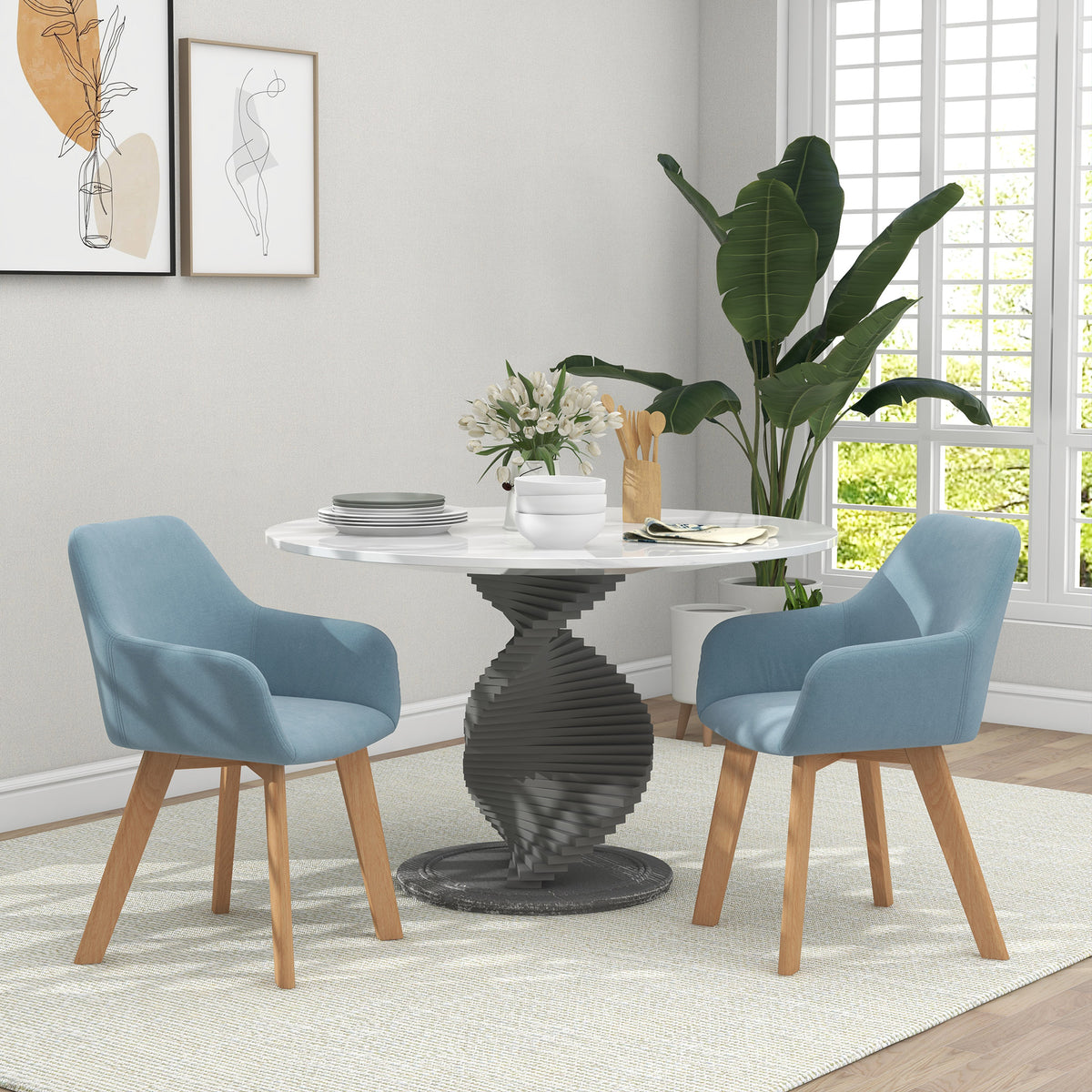 Lot de 2 chaises de salle à manger Fauteuil Assise rembourrée en tissu effet velours Pieds en bois, bleu-1