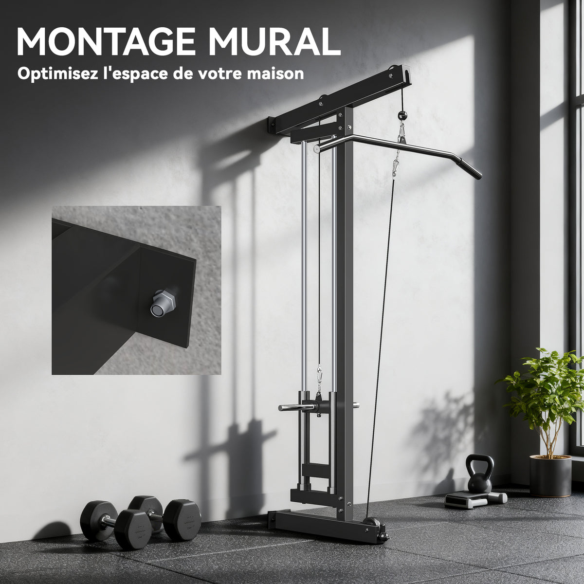 Appareil de musculation mural, station de traction, poulie haute et basse, 2 poulies, en acier, 75 x 16 x 192 cm, noir-4