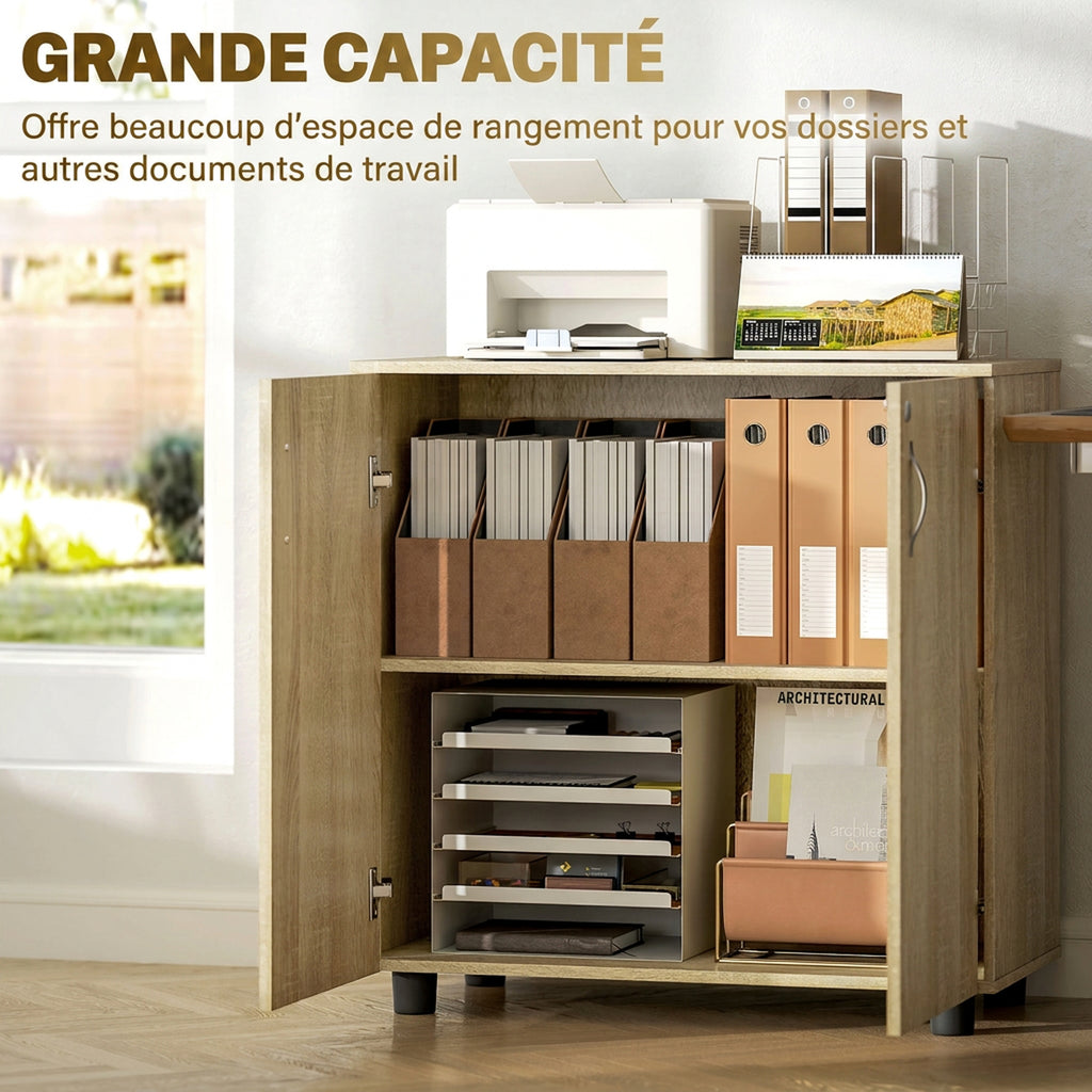 Armoire de bureau à 2 niveaux, meuble de rangement bureau avec 2 portes, serrures et clés, 80x40x80cm, chêne-3
