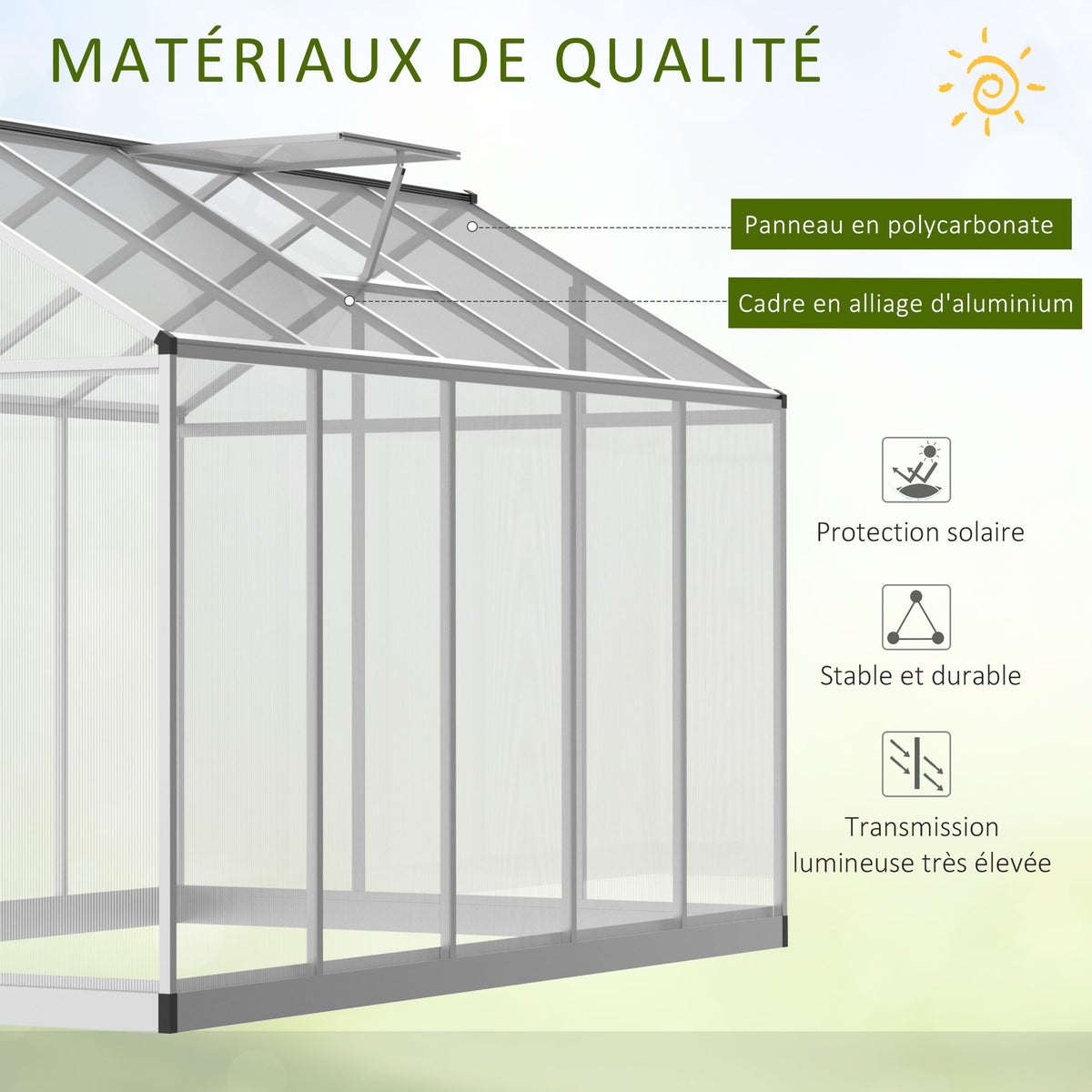 Serre de jardin en aluminium polycarbonate, serre avec fenêtres supérieures réglables, porte battante, abri extérieur résistant aux intempéries pour plante fleur, 303x183x195 cm, transparent-3