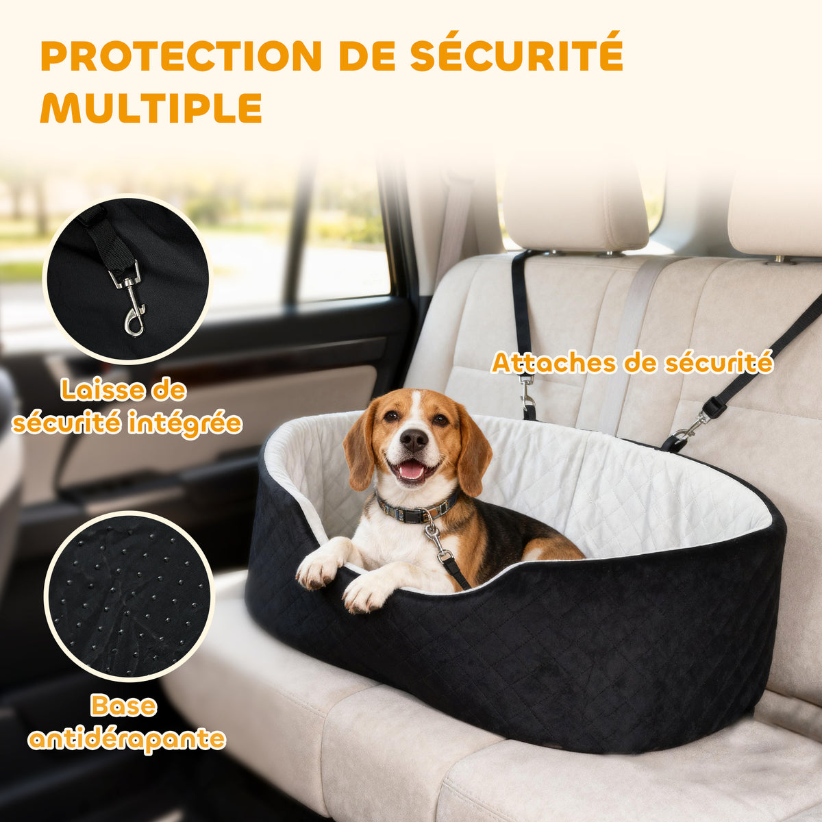 Siège auto pour chien avec ceinture de sécurité et fixation siège de voiture pour chien rembourré 77 x 43 x 28 cm noir-3