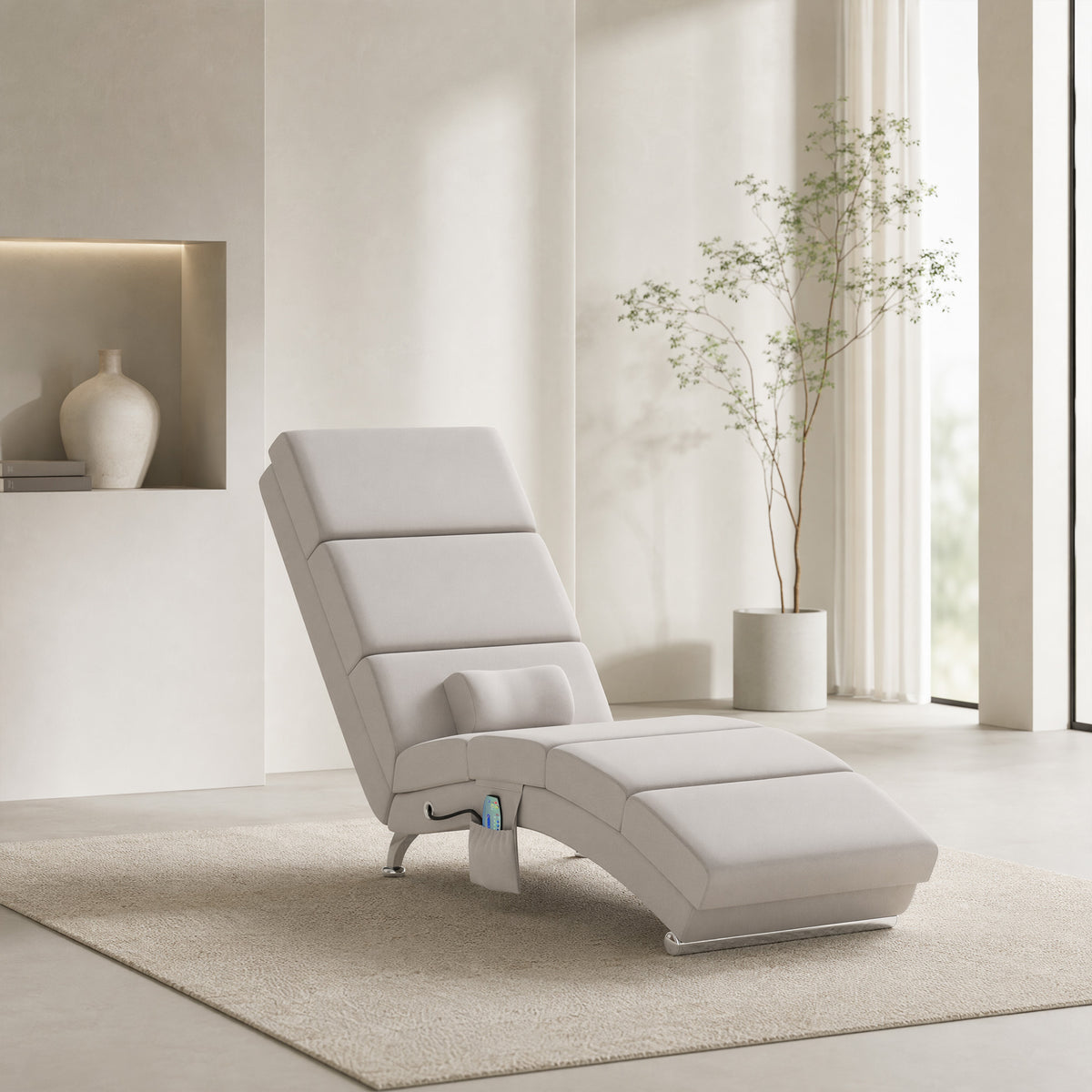 Fauteuil relax salon fauteuil de massage et chauffage meridienne avec télécommande et oreiller, tissu effet lin, crème-6