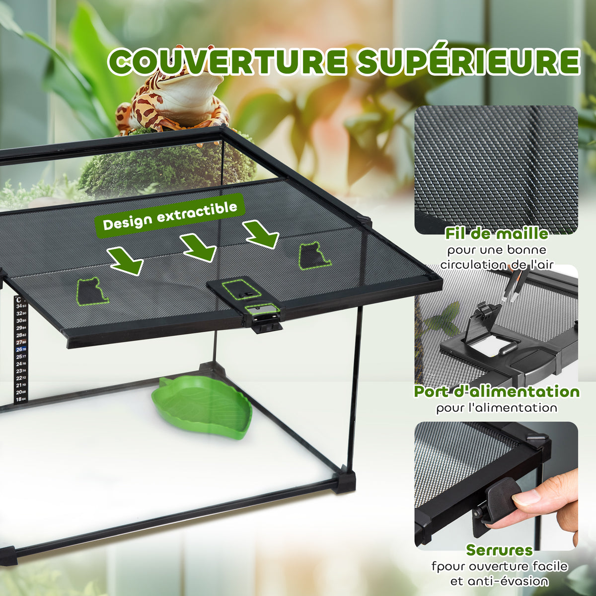 Boîte à reptiles boîte d'élevage de reptiles habitat de terrarium couvercle coulissant treillis métallique thermomètre-4