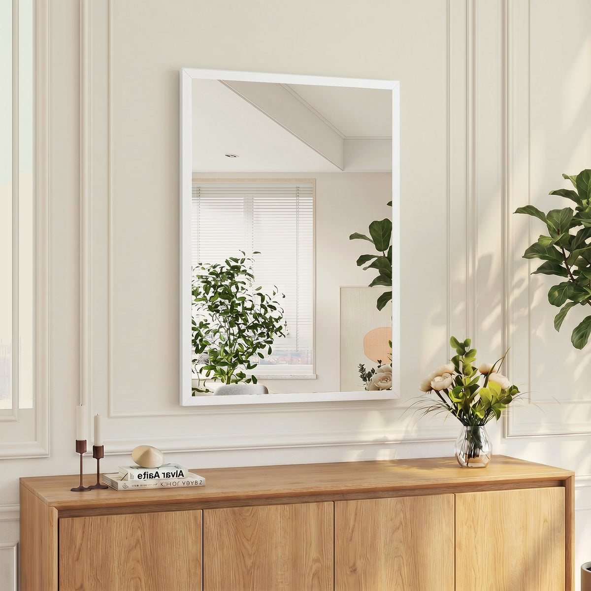 Miroir mural rectangulaire 50 x 70 cm, cadre en bois blanc, idéal pour la salle de bain, salon ou chambre-1