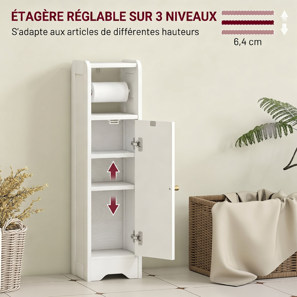 Meuble salle de bain meuble toilettes WC rangement étroit avec étagère réglable gain de place pour petits espaces blanc-4