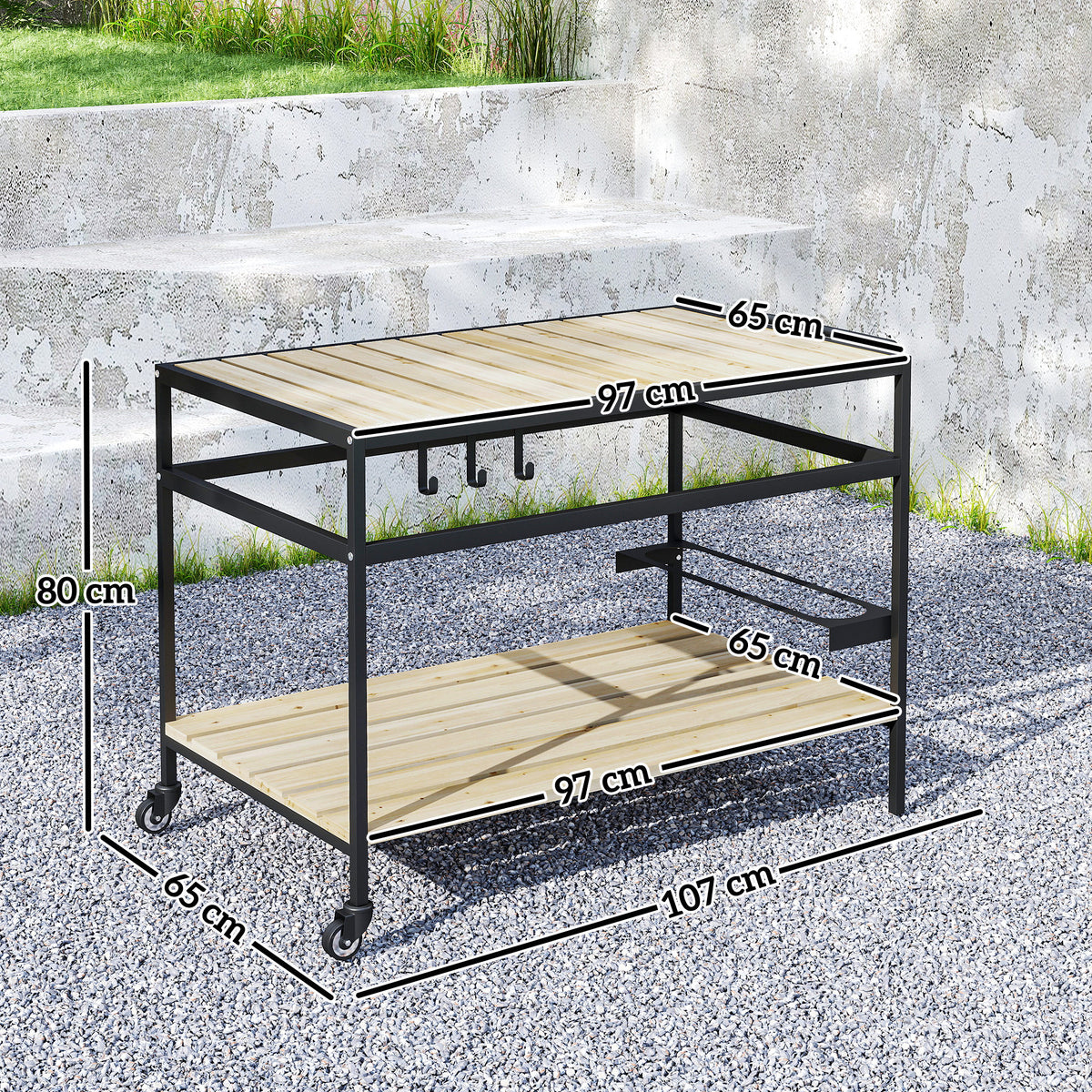 Desserte de jardin chariot pour plancha en bois et métal 2 étagères 3 crochets 107 x 65 x 80 cm noir naturel-2