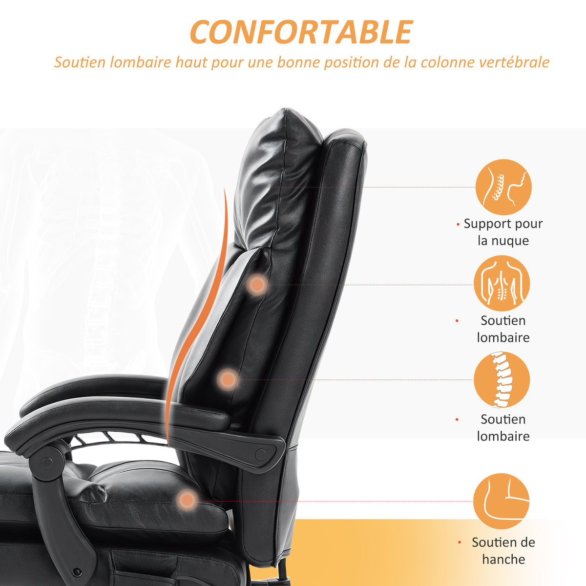 Chaise bureau ergonomique fauteuil de bureau en PU soutien lombaire gonflable dossier inclinable hauteur réglable noir-4