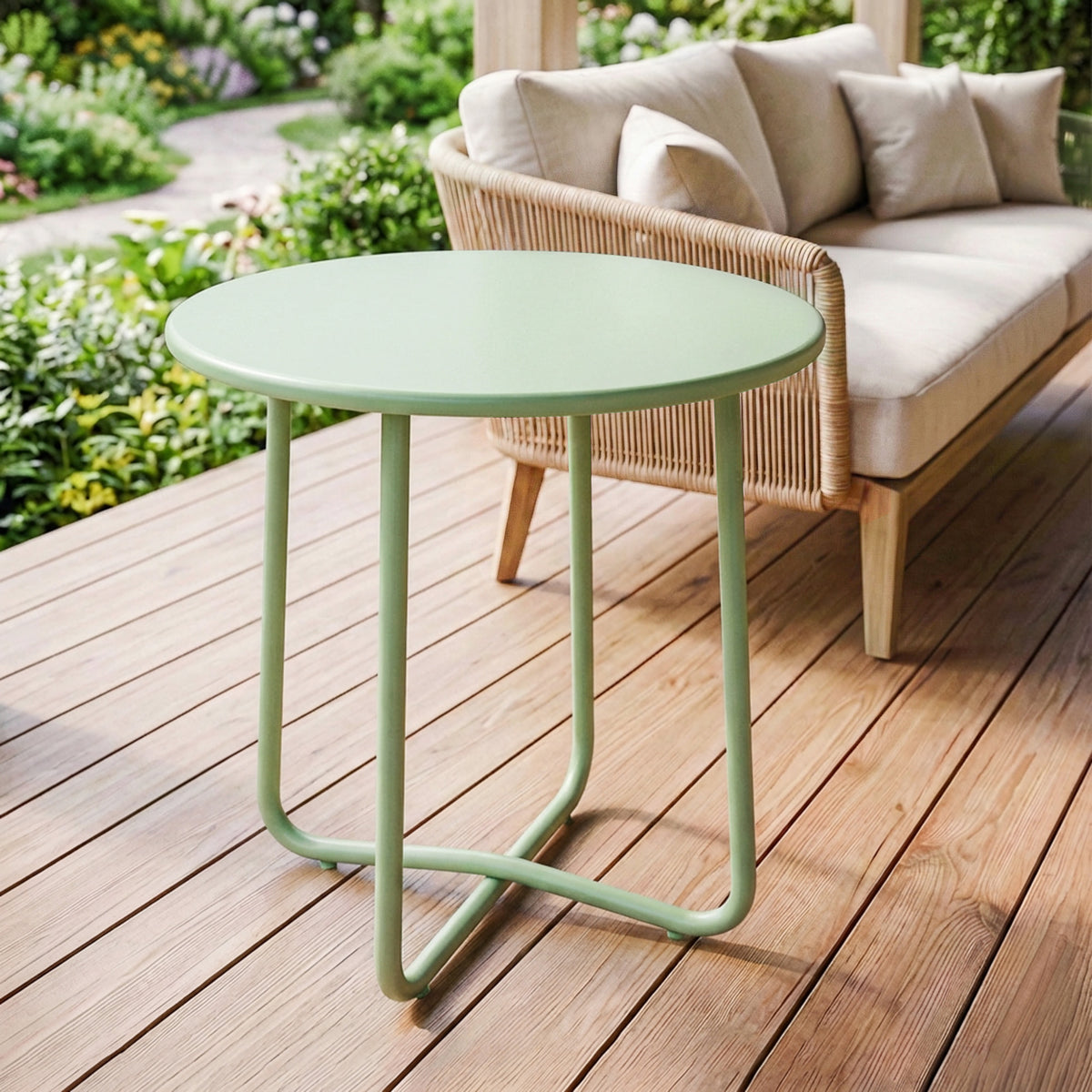 Table Basse Extérieure avec Bord Enroulé, Base en X avec Pieds Réglables en Hauteur, pour Salon Terrasse, Ø48x51cm, Vert-1