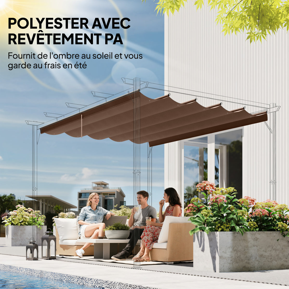 Toile de toit pour pergola tonnelle rétractable de 4 x 3 m - toile uniquement 350 x 260 cm café-4
