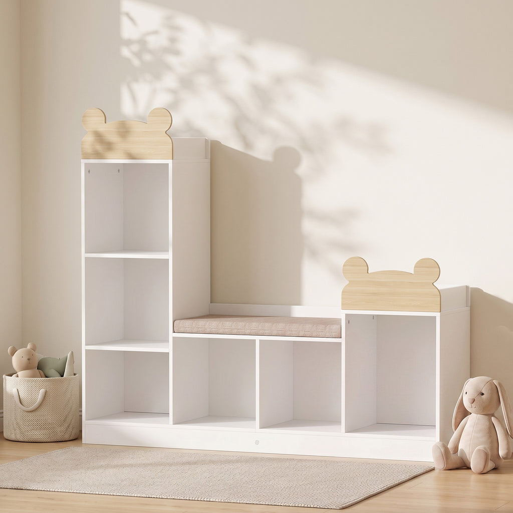 Bibliothèque Enfant, Meuble Rangement Enfant 3 en 1 avec Banc, 6 Compartiments, 2 Étagères, Coussin d'Assise, Blanc-1