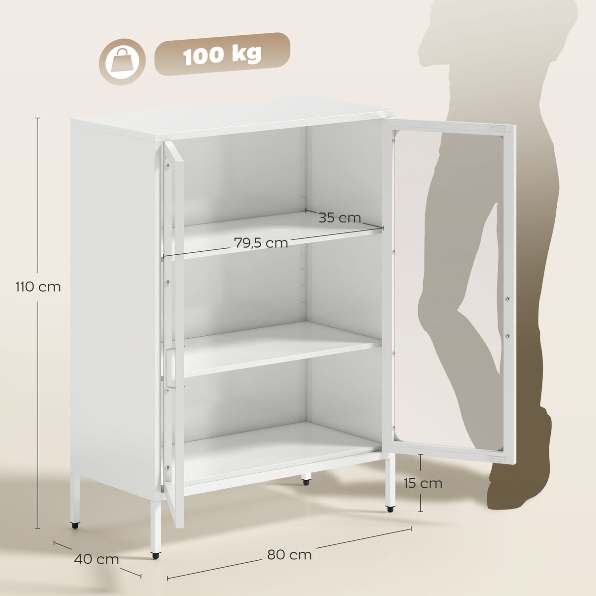 Armoire de bureau avec 2 portes en verre, 2 étagères réglables, meuble de rangement bureau en acier, 80x40x110cm, blanc-2