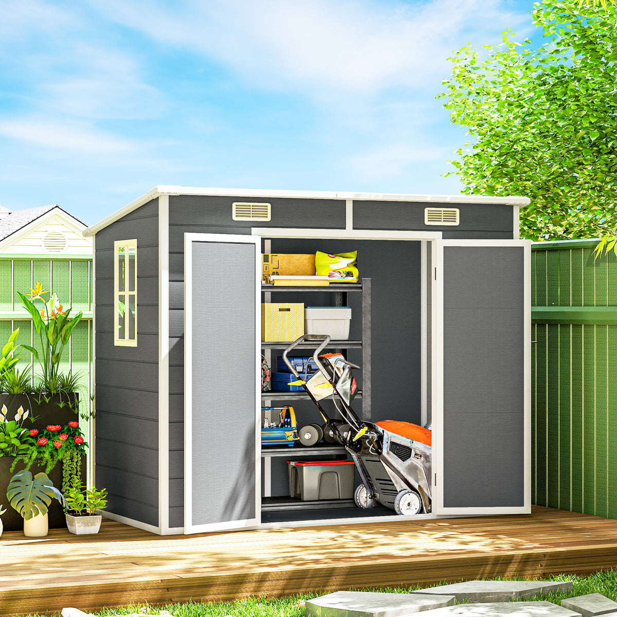 Abri de jardin extérieur 2,4 x 1,3 m, en résine avec plancher, fenêtre, portes verrouillables et aérations, gris-9