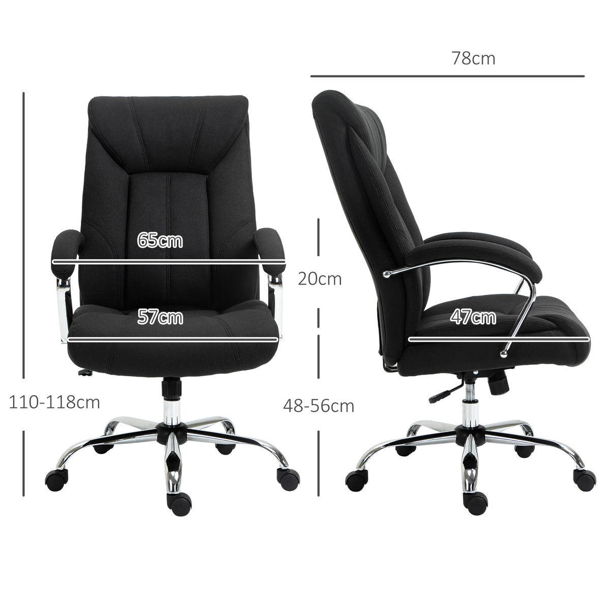 Fauteuil de bureau, chaise de bureau ergonomique, hauteur réglable, dossier haut, fonction de bascule, 65x78x118cm, noir-2