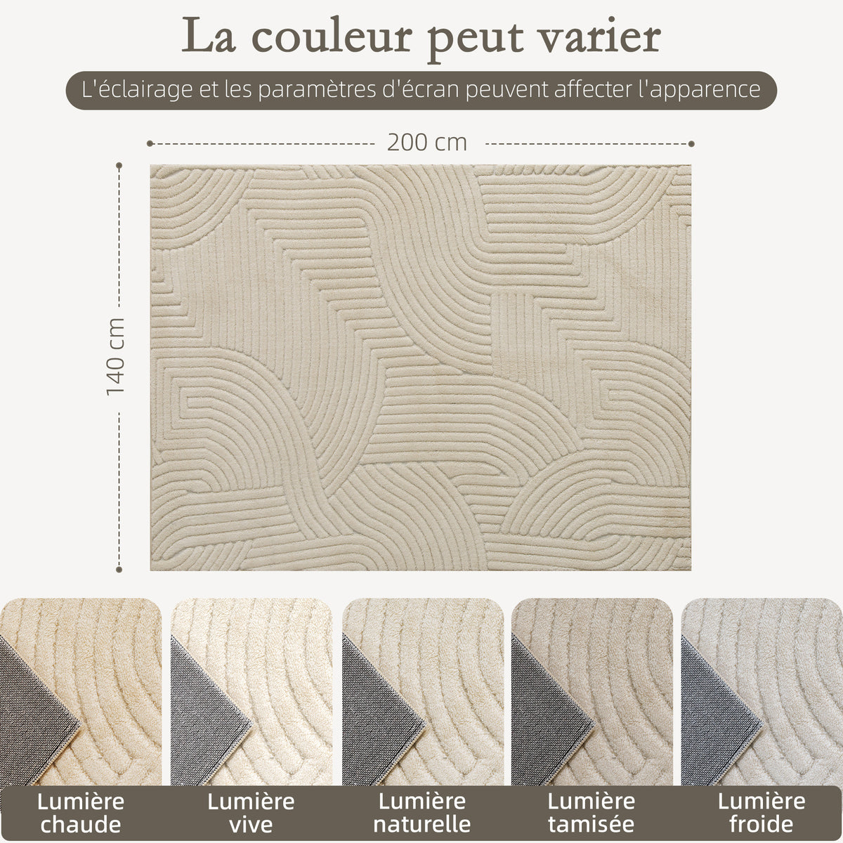 Tapis salon 200 x 140 cm, tapis à poils épais géométrique, moelleux et antidérapant, crème-2