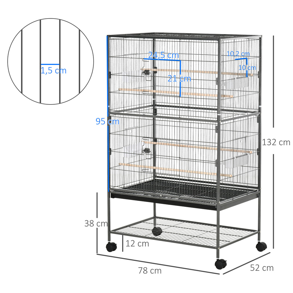 Cage à oiseaux sur pied volière oiseaux intérieur 4 perchoirs en bois et mangeoires fil d'acier gris foncé-2